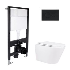 Готове рішення для ванної кімнати: підвісний унітаз Swan Rimless 520x360x320 + комплект інсталяції Standard (кругла клавіша Black) Готове рішення для ванної кімнати: підвісний унітаз Swan Rimless 520x360x320 + комплект інсталяції Standard (кругла клавіша Black)