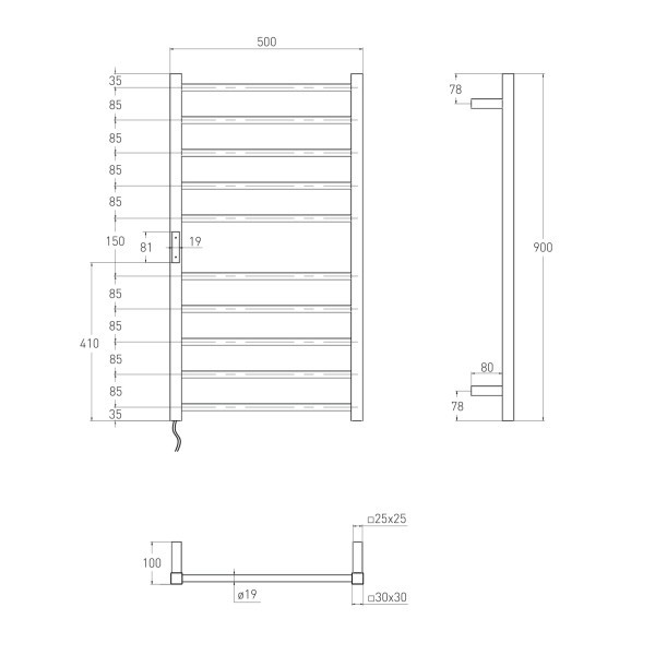 CAMPO електрична рушникосушарка L, 120W, 500*900мм, сталь 304, 10 перемичок (5-5) коло, стійки квадрат, таймер, термостат 70°С, cepillado cromo