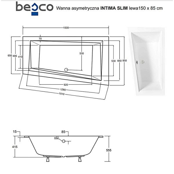 Ванна акриловая INTIMA SLIM 150х85 Левая (соло) без ног