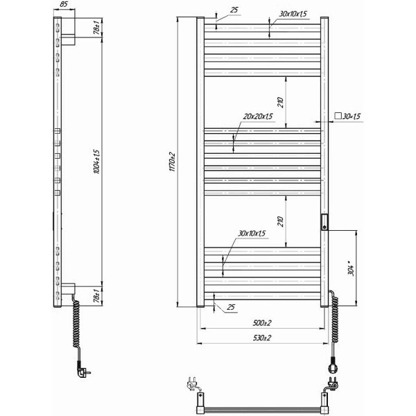 DAN117053000W Полотенцесушитель электрический, 1170х530мм, Ancoro, материал черная сталь, к/т скрытого подключения, цвет белый матовый (1 сорт)