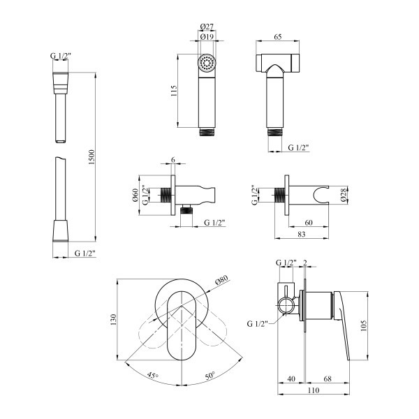 Набір для гігієнічного душу зі змішувачем Kroner Element 211234-0101 Kroner