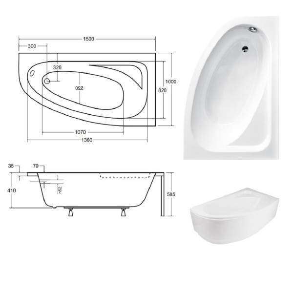 Ванна акриловая асимметричная Cornea 150X100 R с ногами и панелью ( А0050980 ) Besco