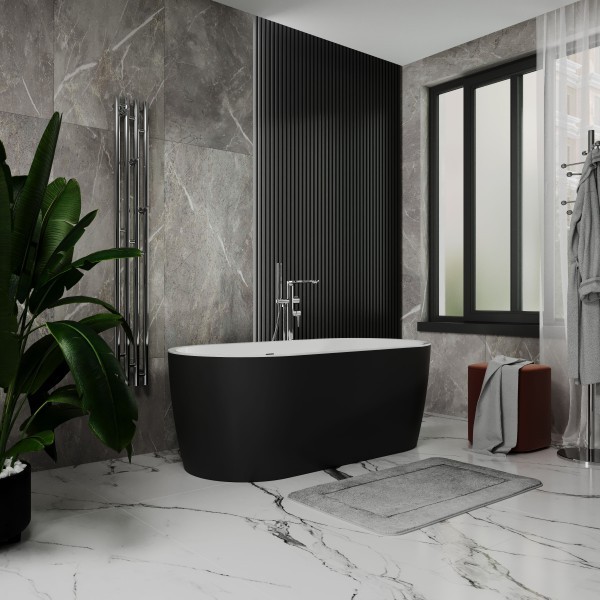 Ванна акриловая отдельностоящая цельнолитая PureLine 1600x800 White/MattBlack с сифоном Koller Pool