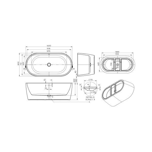Ванна акриловая отдельностоящая цельнолитая PureLine 1600x800 White/MattBlack с сифоном Koller Pool