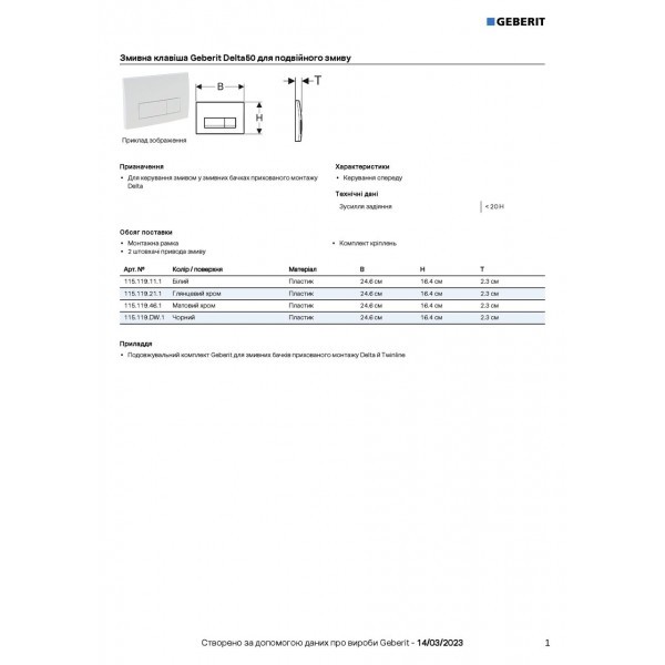 Кнопка зливу Delta50 115.119.DW.1 чорний Geberit Geberit