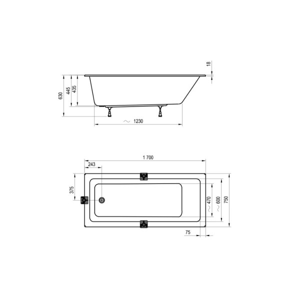 Ванна акрилова 170x75 см, прямокутна 10° Slim, CA71300000