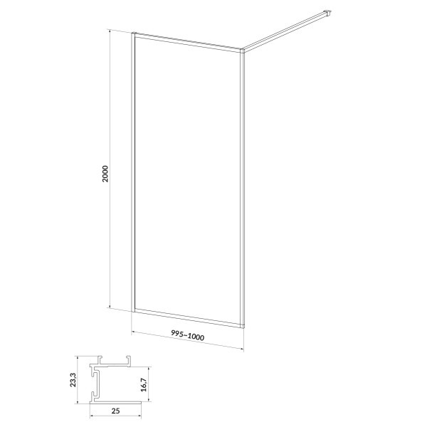 Кабіна душова типу Walk-in Larga 100х200, профіль чорний