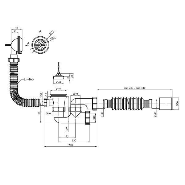 Сифон для ванни Agua BS03 1 1/2"х40/50 мм з переливом та ревізією Agua