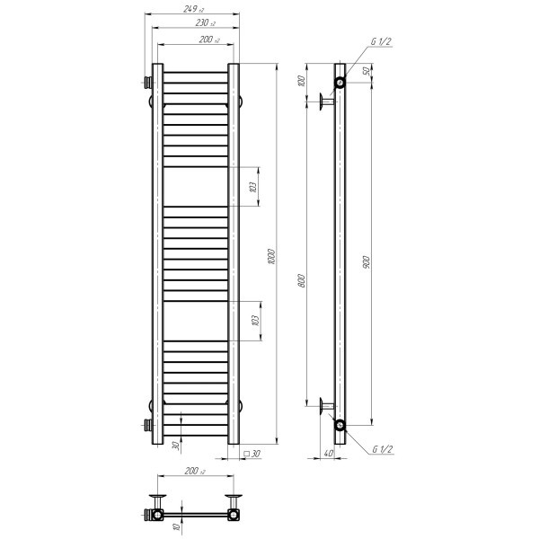 Полотенцесушитель водяной Magnus П15 200х1000 Deffi нержавеющая сталь (Хром, Боковое левое подключение)