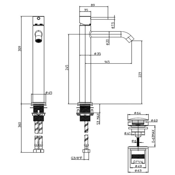 Z00703000073005 TEO-T (TALL) Змішувач для раковини з донним клапаном, чорний матовий (1 сорт)